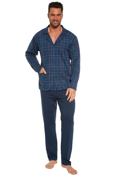 Modré kostkované pánské pyžamo s propínací košilí Cornette