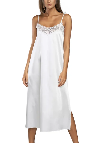 Jemná bílá dámská noční midi košilka na ramínka Italian Fashion