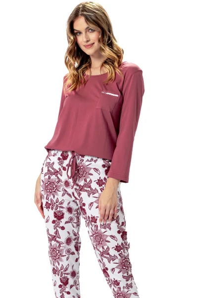 Vínovo-bílé dámské bavlněné pyžamo LEVEZA