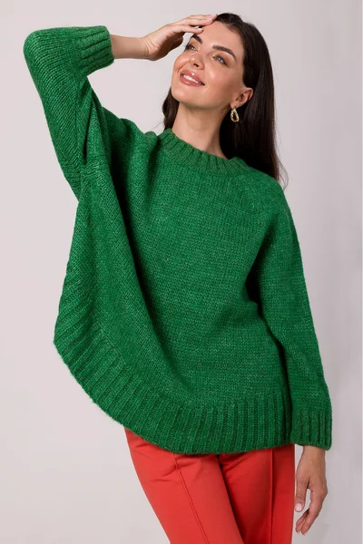 Tmavě zelený dámský pulovr v rovném střihu BE Knit