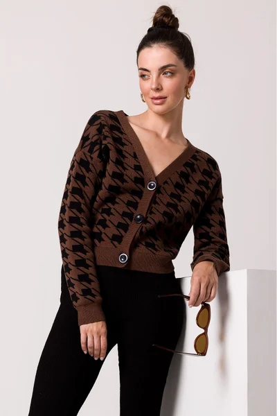 Hnědo-černý dámský vzorovaný pulovr na zapínaní BE Knit