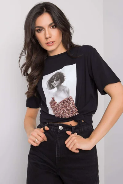 Černé bavlněné tričko s potiskem Woman FPrice