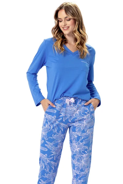 Bavlněné dámské modré pyžamo se vzorovanými kalhotami LEVEZA
