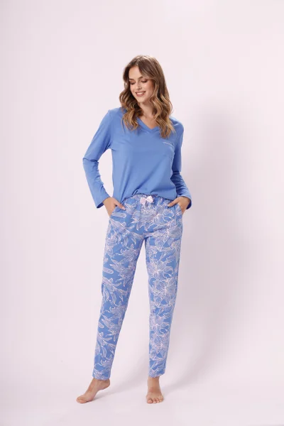 Bavlněné dámské modré pyžamo se vzorovanými kalhotami LEVEZA
