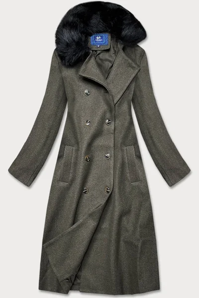 Dámský dlouhý kabát v khaki barvě s kožešinovým límcem EV620 Ann Gissy