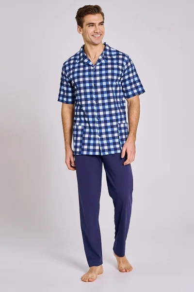 Tmavě modré pánské pyžamo s kostkovanou propínací blůzou Taro