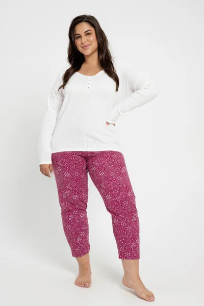 Plus size dámské pyžamo s růžovými capri kalhotami Taro