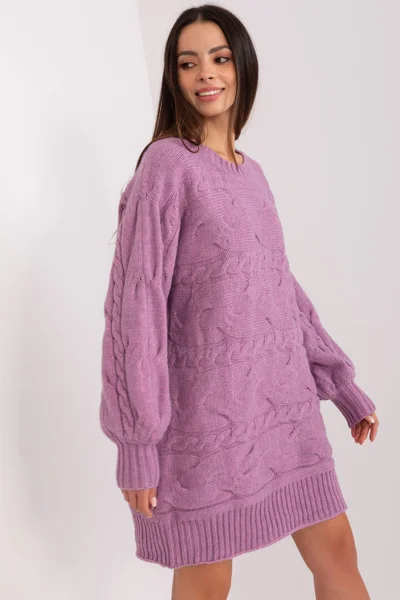 Lila svetrové mini šaty s nabíranými rukávy AT