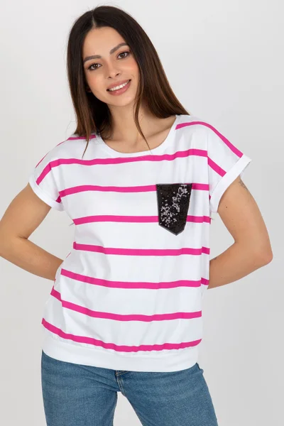 Růžovo-bílé pruhované tričko s kapsičkou RELEVANCE