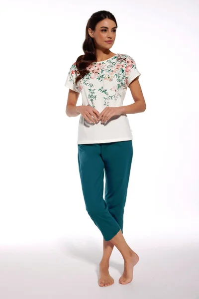 Zeleno-bílé dámské pyžamo s 3/4 kalhotami Cornette