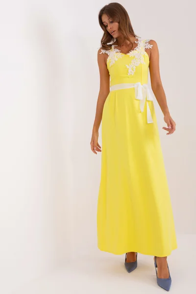 Společenské dámské dlouhé žluté šaty s výšivkou FPrice