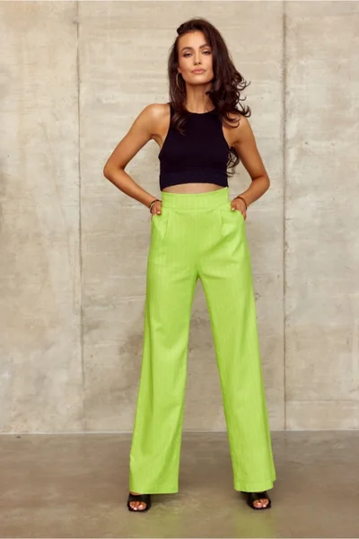 Neonové zelené široké dámské kalhoty s vysokým pasem Roco Fashion