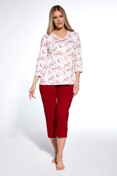 Červeno-bílé dámské pyžamo s capri kalhotami Cornette