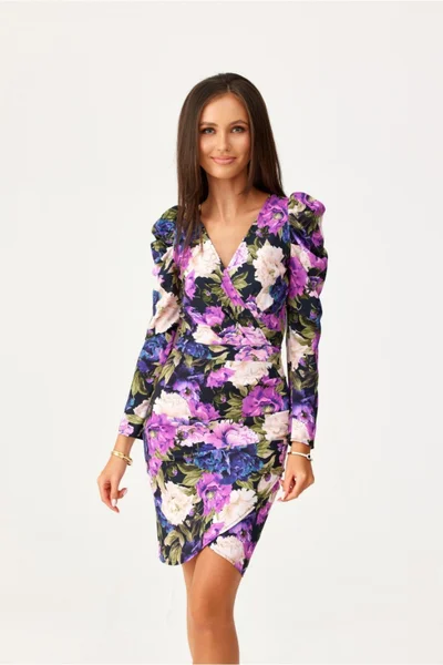 Dámské fialové květované šaty s dlouhým rukávem Roco Fashion