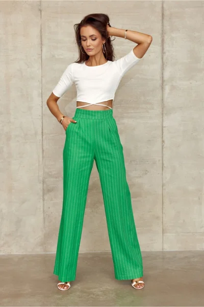 Dámské zelené široké kalhoty s vysokým pasem Roco Fashion