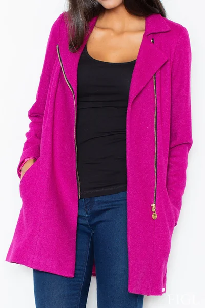 Tmavě růžový krátký dámský kabát s šikmým zipem Figl