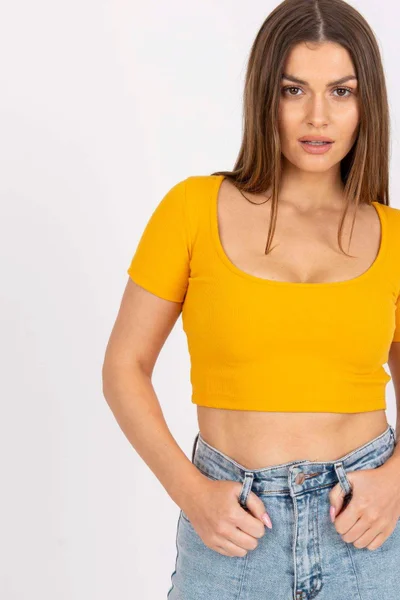 Dámský crop top s kulatým výstřihem Rue Paris žlutý