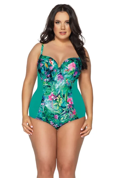 Jednodílné vzorované zelené plavky pro plnoštíhlé plus size AVA SWIMWEAR