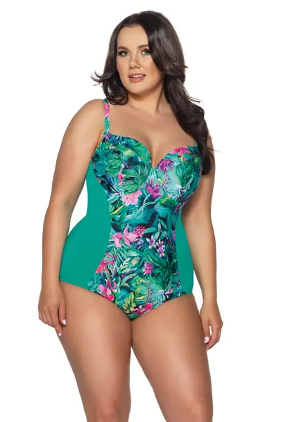 Jednodílné vzorované zelené plavky pro plnoštíhlé plus size AVA SWIMWEAR