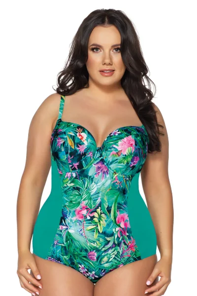 Jednodílné vzorované zelené plavky pro plnoštíhlé plus size AVA SWIMWEAR