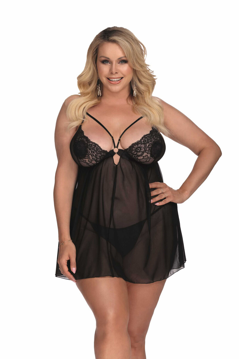 Průsvitná černá noční košilka se zdobeným dekoltem plus size Anais, XL/XXL i556_61368_7_110