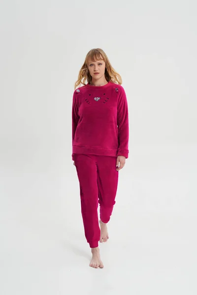 Tmavě růžové dámské fleecové dlouhé pyžamo Vamp
