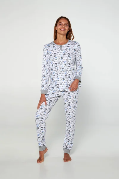 Světle modré dámské dlouhé pyžamo s propínací košilí Vamp