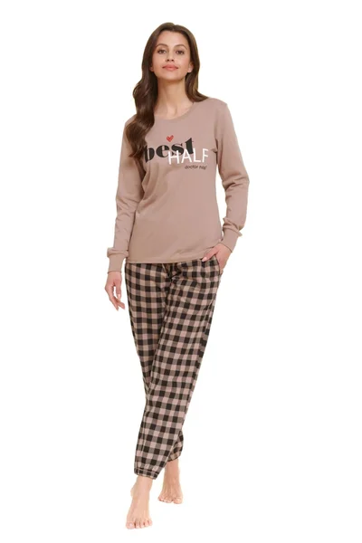 Komfortní bavlněné dámské hnědé pyžamo s kostkovanými kalhotami Doctornap