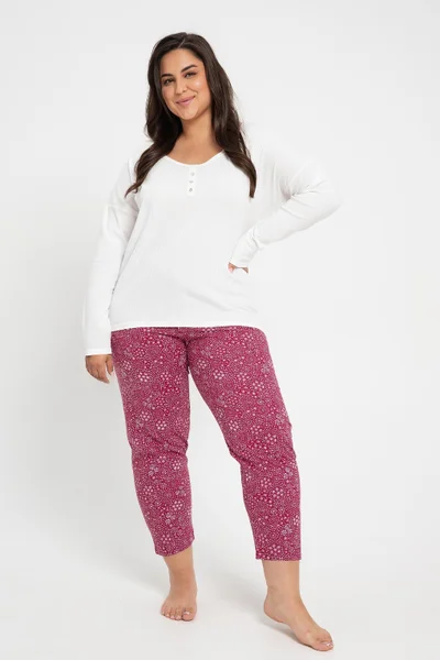 Růžovo-bílé dámské pyžamo s dlouhým rukávem Taro plus size