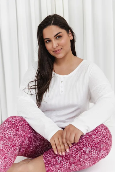 Růžovo-bílé dámské pyžamo s dlouhým rukávem Taro plus size