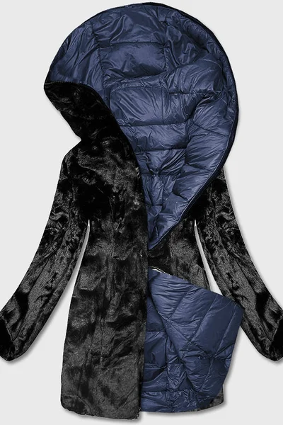 Tmavě modrý dámský oboustranný kabát s kožíškem S'WEST