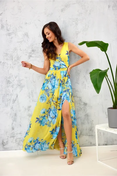 Žluto-modré šifonové dlouhé šaty s květinovým potiskem Roco Fashion