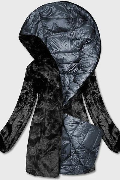 Tmavě šedý dámský prošívaný kabát s kožíškem S'WEST oboustranný