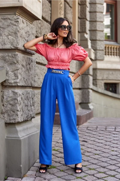 Letní široké dámské kalhoty královská modř Roco Fashion