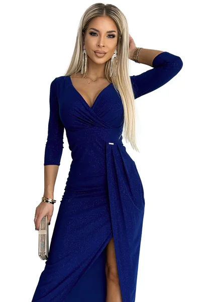 Tmavě modré společenské dámské šaty s hlubokým výstřihem Numoco