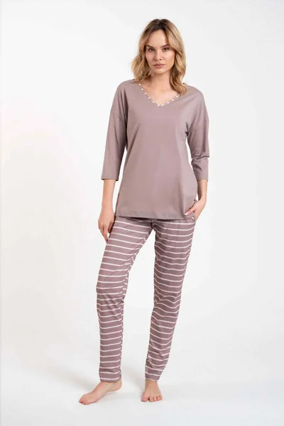 Světle béžové dámské dlouhé pyžamo Italian Fashion