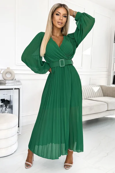 Dlouhé zelené společenské šaty s plisovanou sukní Numoco