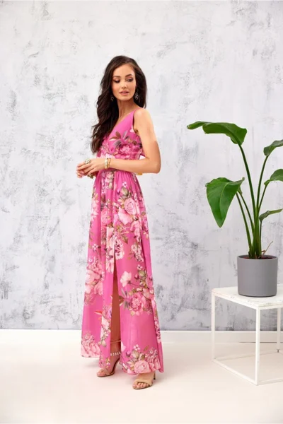 Dlouhé růžové dámské letní šaty bez rukávů Roco Fashion