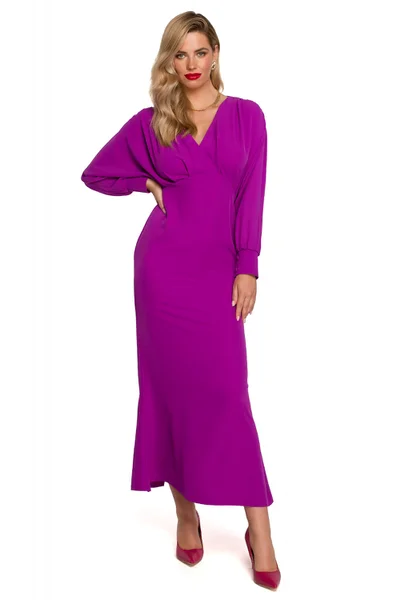 Dámské fialové dlouhé šaty s rozparkem Makover