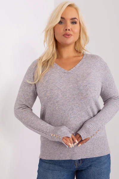 Dámský šedý plus size svetr V-krk FPrice