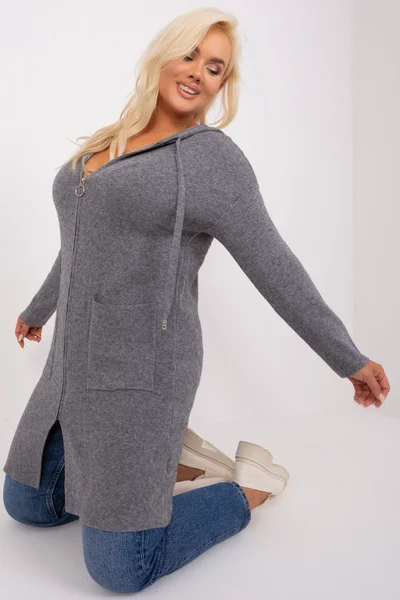 Šedý dámský kardigan na zip FPrice plus size