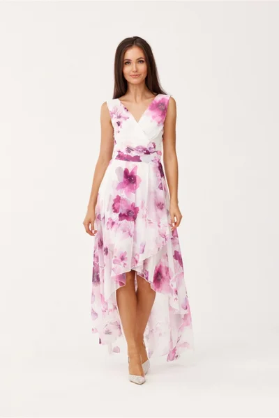 Šifonové růžové asymetrické dlouhé šaty Roco Fashion