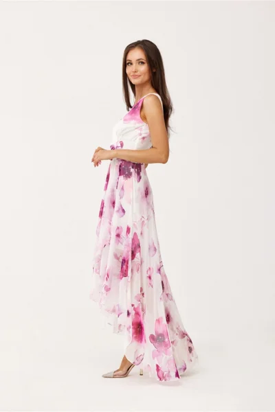 Šifonové růžové asymetrické dlouhé šaty Roco Fashion