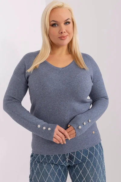 Modro-šedý dámský pulovr s výstřihem do V FPrice plus size