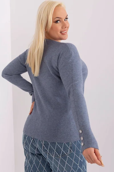 Modro-šedý dámský pulovr s výstřihem do V FPrice plus size