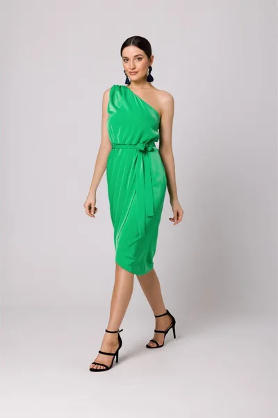 Zelené společenské midi šaty na jedno rameno Makover