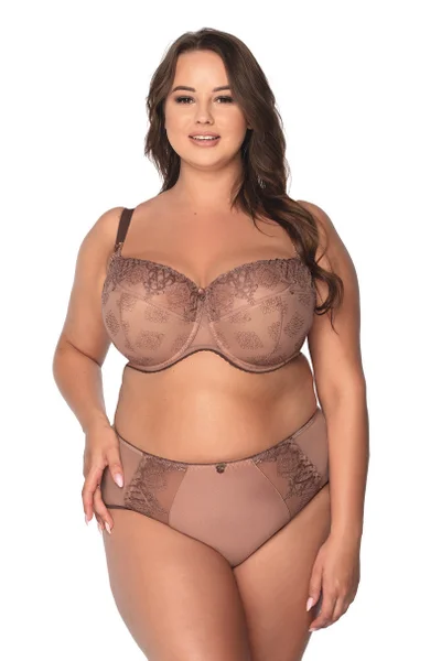 Světle hnědá dámská podprsenka pokrytá krajkou plus size Gaia