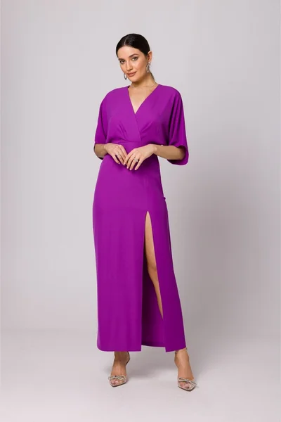 Tmavě fialové dlouhé šaty s rozparkem Makover