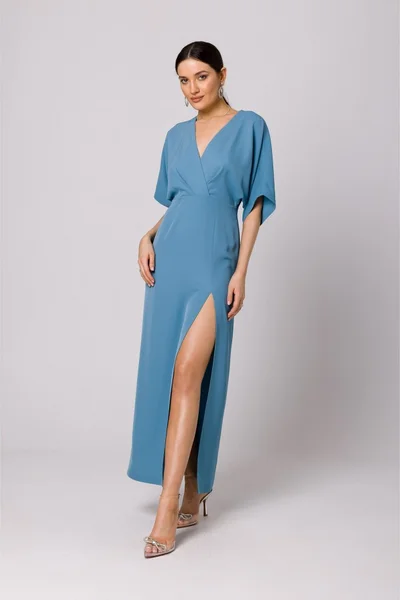 Světle modré dámské dlouhé šaty s vysokým rozparkem Makover