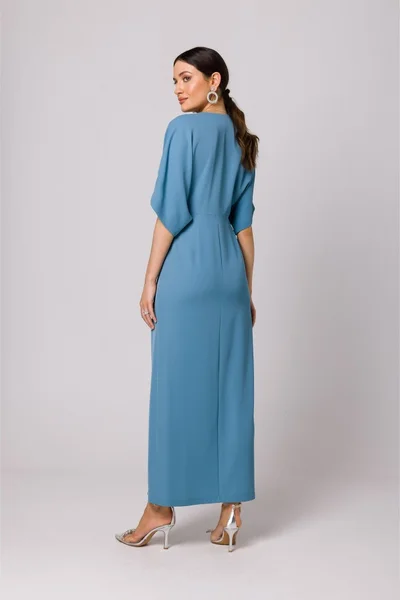 Světle modré dámské dlouhé šaty s vysokým rozparkem Makover